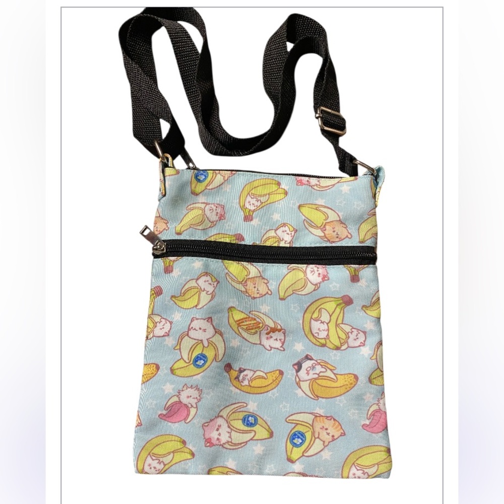 Bananya Cute Banana and Cat Print Crossbody Bag. Adjustable strap.